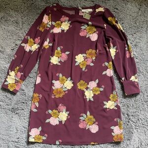 LOFT Floral Long Sleeve Dress - Burgundy and Yellow
